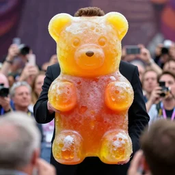 arnold schwarzenegger anounconing to a crowd i am the gummybear of candycornia