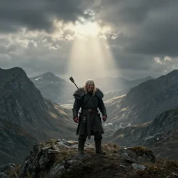 lonely ork warrior hit with an arrow in the shoulder and is bleeding, desolated mountains in the distance, cloudy atmosphere, rod rays, realistic, style of tolkien world, 4 k, masterpiece, epic, maximalist, by greg rutkowski, zabrocki, karlkka, jayison devadas, trending on artstation, 8 k, ultra wide angle, zenith view