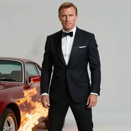 ( james bond ) 0 0 7 portrait, ( james bond ) in bodyguard stance, burning car in background, highly detailed, intricate detail, trending on artstation, by ( ( tom whalen ) ), by artgerm, wby wlop
