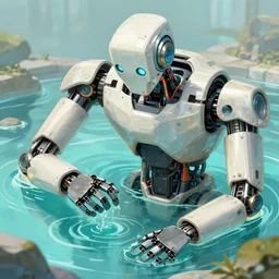detailed chinese robot stuck in a pool of chewing digital painting artstation