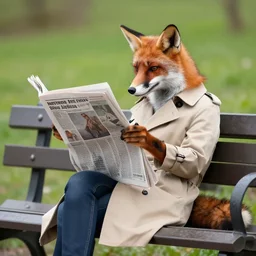a fox in a trench coat reading a newspaper on a park bench, photorealistic,