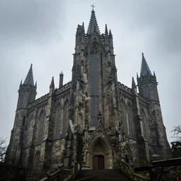 Giant Gothic style castle, raining, overcast, medieval, eyes barely visible in the sky