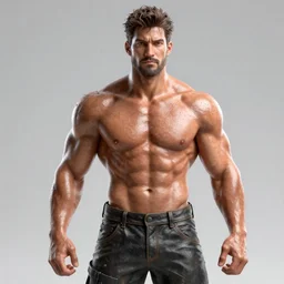 rugged male [ muscular, shirtless, oily ]!!, trending on artstation, front view!!, portrait!!, contest winner, intricate, [ 4 k realism ]!!, 3 d render, zbrush!!, zbrush contest winner, full body!!, bright, sharp, artstation 3 d, cgsociety best