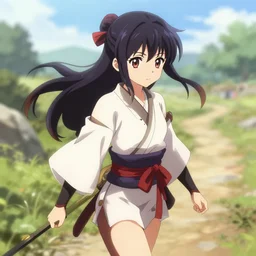 isekai cute anime girl samurai ronin vagabond ( aesthetic ). on a trail. in the style of gravity rush. beautiful lineart, depth focus, rankings pixiv, artstation, chromatic aberration, soft lighting, srgb, 4 k artstation, hdr, cinematic, motion blur, marmoset, blender 3 d, by bo chen