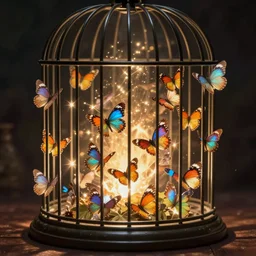 wizard, butterflies fluttering out of cage