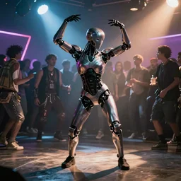 a cyborg dancing in a rave party