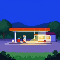 Pixel art of a rural gas station at dusk, perfectly flat-shaded pixels, in the style of 1981 Video Games, 4bit, CGA, 16 colors, sharp contrast
