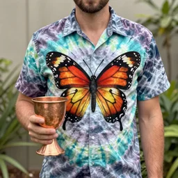 a man tie dyed Hawaiian shirt with butterfly wings holding a copper goblet