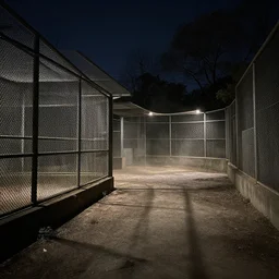 abandoned zoo with empty enclosures, dirty ground, dust particles, middle of the night, hyperdetailed, artstation, cgsociety, 8 k