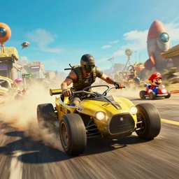 mad max fury road film still, racing on a post apocalyptic road, gta 5, fallout 4, mario cart, rocket league, hyper detailed forza, smooth, high contrast, volumetric lighting, octane, george miller, jim lee, vibrant rich deep color, comic book