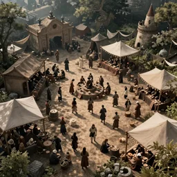 a bustling medieval marketplace, realistic, fantasy, top - down perspective,