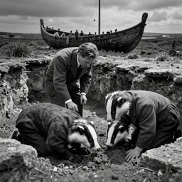 archaeologist badgers in 1940s suits digging at the sutton hoo ship burial, black & white photo