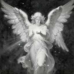 highdetailed hyperrealistic painting of white angel!!! no gender smiling noface!!!, light instead of hands, white sparkles everywhere, 4 k hd face!!!, angel bringing the light and give it to the space, big silver high detailed wings!!!, renaissance, by hieronymus bosch, holography space, glow effect, large strokes, monochrome!!!!!, digital painting, large paint strokes, textured oil painting, motion effect, blur effect, abstract painting