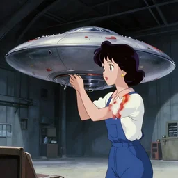 a film still of a 1 9 5 0's mechanic anime girl repairing ufo in big hangar inside spaceship, surreal photography, dramatic light, by wally wood, sharp focus, finely detailed features, full body mid shot, perfect art, trending on pixiv fanbox, painted by gaston bussiere, ma
