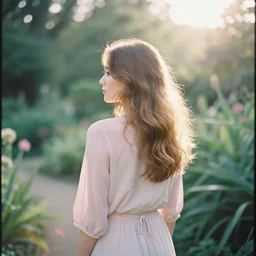 photograph of a beautiful!!! woman! from the back in a botanical garden by mark owen. pastel colors. kodak portra 4 0 0 film!!. whirl bokeh!. mamiya 7. highly detailed. hq. photoreal. golden hour. lens flare. faded film. in - frame