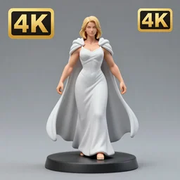 80mm resin miniature of a Very Muscular Queeen, long white cape, light skin, short blonde hair; Miniature product Photo, Company Logo, 4K, Full body
