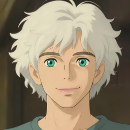 young man with medium - length, curly, white blonde hair, perfectly proportioned face, aquamarine eyes, sweet smile, natural lighting, path traced, highly detailed, high quality, cartoon, digital painting, by new haicheng and studio ghibli and alphonse mucha