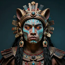 portrait of aztec jaguar warrior with glowing tribal futuristic tattoos on face