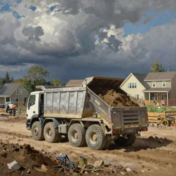 filling up a dump truck with dirt at a suburban construction yard, wide angle shot, intricate, detailed, oil on canvas by edward hopper, ( by mattias adolfsson ), by moebius