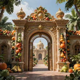 The gate to the eternal kingdom of fruits, fantasy, digital art, HD, detailed.