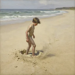a full shot of a little man made of sand, standing on a beach, slowly eroding due to wind, subtle, intricate details, real masterpiece, oil on canvas, by stanhope forbes, lucian freud