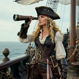 a fierce, beautiful, friendly, calm, blonde, well - dressed, steampunk, covered, armed, pirate woman, standing on the deck of her ship gazing at the horizon through a spyglass ready for battle in 1 7 3 0, realistic, hd, trending on artstation