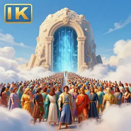 crowd of people, water portal to hell located in heaven, very stylized, rule of thirds, 4 k, alvah angelrune, michelangelo, colorfull