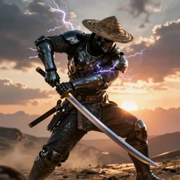 a photorealistic hyperrealistic render of a raiden metal gear solid wielding a katana sword and wearing a straw hat, lightning crackling from his hands, greg rutkowski, wlop, artgerm, dramatic moody sunset lighting, long shadows, volumetric, cinematic atmosphere, octane render, artstation, 8 k