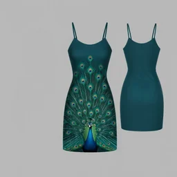 Minimalist, elegant short dress and camisole concept art inspired by peacock colors