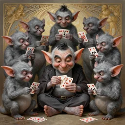 anthropomorphic highly detailed group portrait of cute mr bean grey goblins eating playing cards, intricate, elegant, highly detailed grey goblin, digital painting, artstation, concept art, smooth, sharp focus, illustration, art by artgerm, bob eggleton, michael whelan, stephen hickman, richard corben, wayne barlowe, trending on artstation and greg rutkowski and alphonse mucha, 8 k