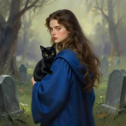 elegant concept art digital painting of a young beautiful wizard with long brown hair and a black cat over her shoulders. blue robes. sharp focus. by greg rutkowski and alphonse mucha, surrounded by graveyards