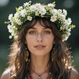 out of focus photorealistic portrait of a beautiful hippie woman with a crown of small white flowers by saul leiter, very blurry
