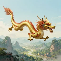 Stunning sacred chinese dragon flying over a valley, by Victo Ngai and James Gilleard and Bruce Pennington
