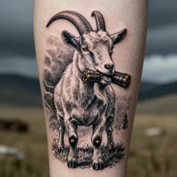 a tattoo of a goat. The goat has a stick of dynamite in its mouth