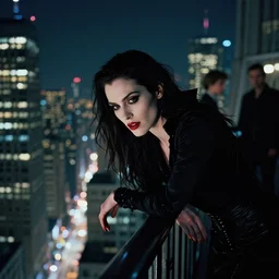 portrait of a beautiful vampire pensively leaning over the railing on a skyscraper with the nighttime cityscape in the background. masterpiece by artgerm and greg rutkowski and ilya kuvshinov paul lerh