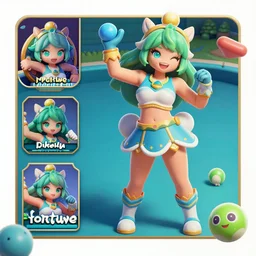 Character sheet of pool party miss fortune (League of Legends). 3d, octane render, trending on artstation
