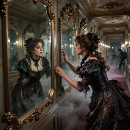 a beautiful victorian woman is frightened by her doppleganger in a mirror. she is in a long hallway of mirrors. victorian interior, with many mirrors, twins, elegant design, haunting atmosphere, dark lighting, gothic, horror style, scary, swirling fog, volumetric lighting, by greg rutkowski, realistic, dutch angle, zombies