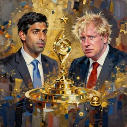 rishi sunak and boris johnson in heaven, abstract oil painting by gottfried helnwein pablo amaringo raqib shaw zeiss lens sharp focus high contrast chiaroscuro gold complex intricate bejeweled