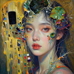 close - up portrait of beautiful girl by irakli nadar with intricate detailed color smashing fluid oilpaint, color leaves, melting wax, broken mirror, fluid acrilic, thin fractal tendrils, ruan jia, wlop. scifi, fantasy, hyper detailed, octane render, concept art, by peter mohrbacher, by gustav klimt,