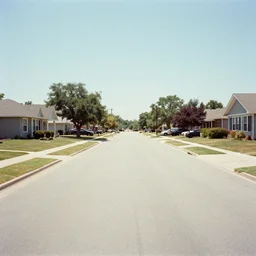 Photograph of a liminal middle class American suburb, clean, empty street, broad daylight, glitches in reality, noisy filter, flat lighting