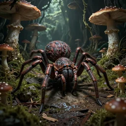 arachnid beast of mushroom caverns in the style of michael whelan and h. p. lovecraft. hyperdetailed photorealism by greg rutkowski. 1 0 8 megapixels, 3 d finalrender, cinematic lighting.
