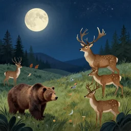 primordial virgin nature stars happy night grand deer wilderness animals fields woodlands bears llustration sharp focus moonlit vista starlight painted ruan jia raymond swanland lawrence alma tadema zdzislaw beksinski norman rockwell tom lovell alex malveda greg staples