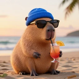 a photorealistic picture of a knitted Capybara wearing sunglasses, a blue beanie cap and drinking from a cosmopolitan at the beach during sunset Trending on Artstation, featured on Behance, well-rendered, fine detail, extra crisp image, Unreal Engine, 4K HD