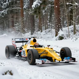 a 1 9 9 4 mclaren f 1, racing through a rally stage in a snowy forest