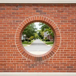 brick wall with a circular passage leading into a suburban street. framed, centralized urban fantasy, high detailed digital art trending in artstation. artist greg rutkowski