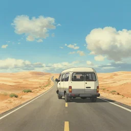 a van driving down a deserted dessert highway in the middle of the day by studio ghibli, anime style