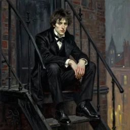 character portrait of bruce campbell as ash sitting down on a fire escape so high on mdma in gothic london, gothic, john singer sargent, muted colors, moody colors, illustration, digital illustration, amazing values, art by j. c. leyendecker, joseph christian leyendecker, william - adolphe bouguerea, graphic style, dramatic lighting, gothic lighting