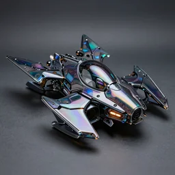 photo of a box - shaped dark glass and plastic iridescent octopus skin futuristic vehicle with aerodynamic fins and canards, venturi tunnels, neon lights