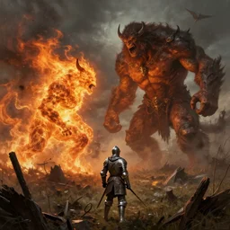 masterpiece a lone knight knight knight in a wartorn field facing off against a fire giant fire giant fire giant, by Greg Rutkowski Thomas Kincade, detailed, 4k, cinematic, intense, gritty, fantasy