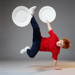 A boy with red hair wearing a red T-shirt, dark blue pants and white shoes. The boy is breakdancing with big plates and cutlery